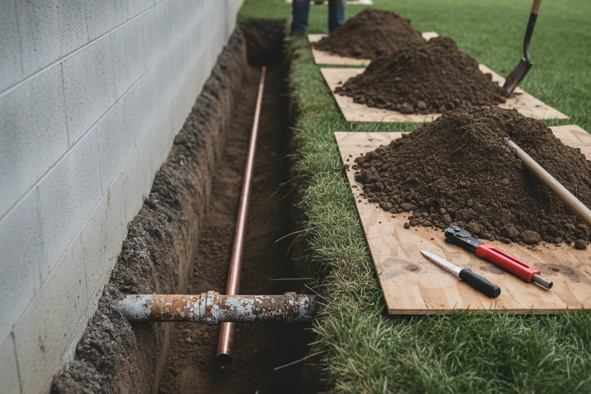 Excavated water line trench during Sewer Line Repair in Cordesville